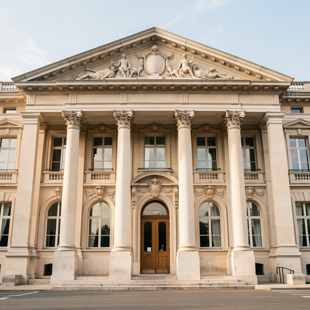 Ministère des Finances à Paris, bâtiment officiel Bercy avec drapeau français