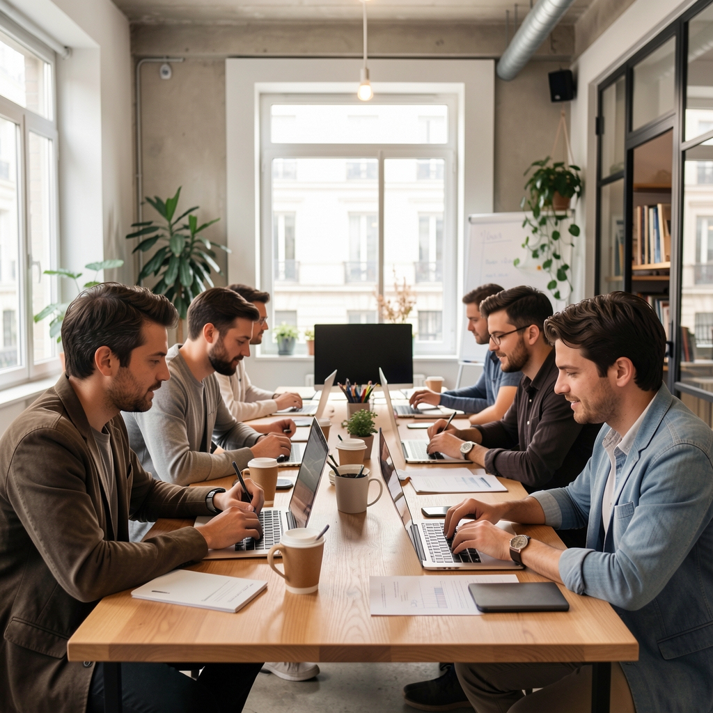 Salle de bureau moderne avec des professionnels travaillant sur des ordinateurs, affichant des tableaux de bord d'intelligence artificielle