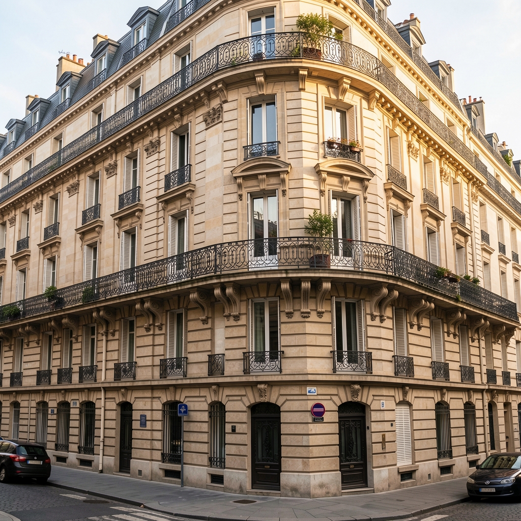 Immeubles résidentiels parisiens haussmanniens vus depuis la rue avec ciel nuageux en arrière-plan