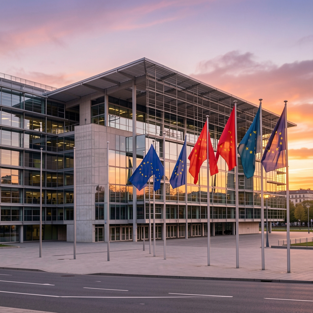 Vue aérienne du Parlement Européen à Strasbourg entouré de drapeaux des pays membres de l'Union Européenne sous un ciel bleu