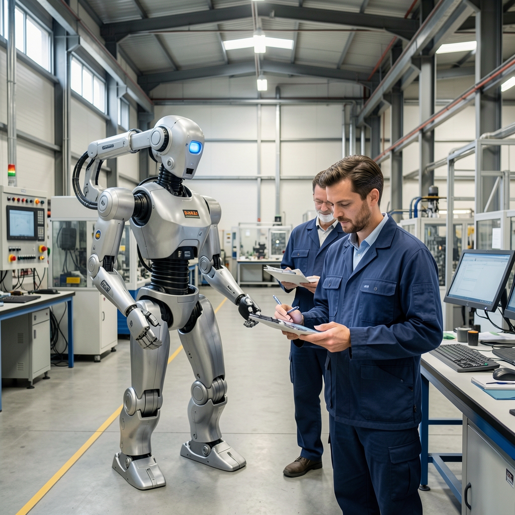 Robot industriel et ingénieur travaillant côte à côte dans une usine de haute technologie française